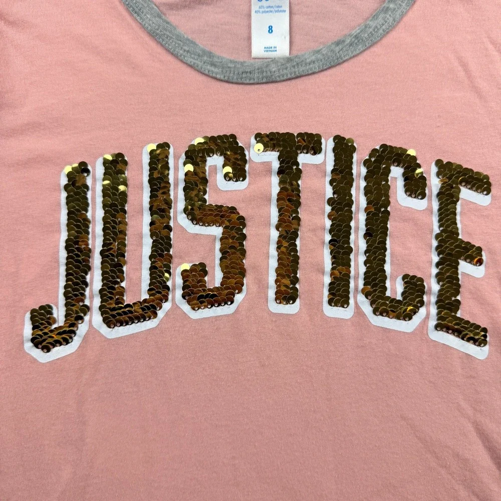 Justice Girls Size 8 Pink Flip Sequin Short Sleeve Ringer Tee‎ Shirt
